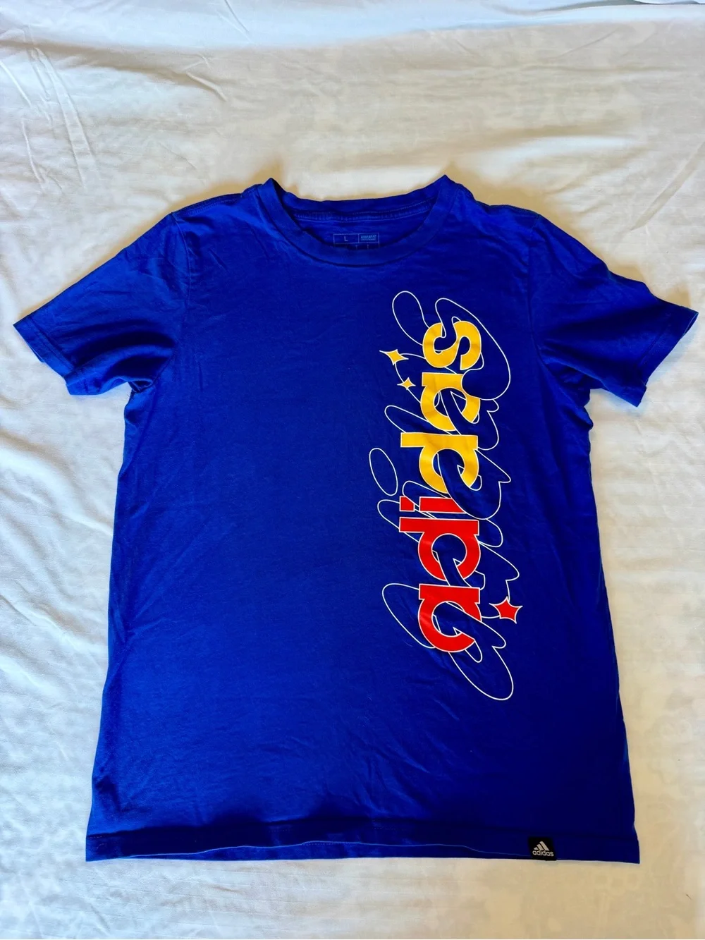 Blue Adidas Graphic Tee with Vertical Multicolor Logo